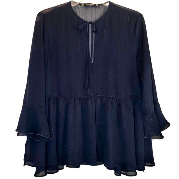 Zara Sheer Peplum Top with Tulip Sleeves in Navy Blue Women’s M - Picture 1 of 7